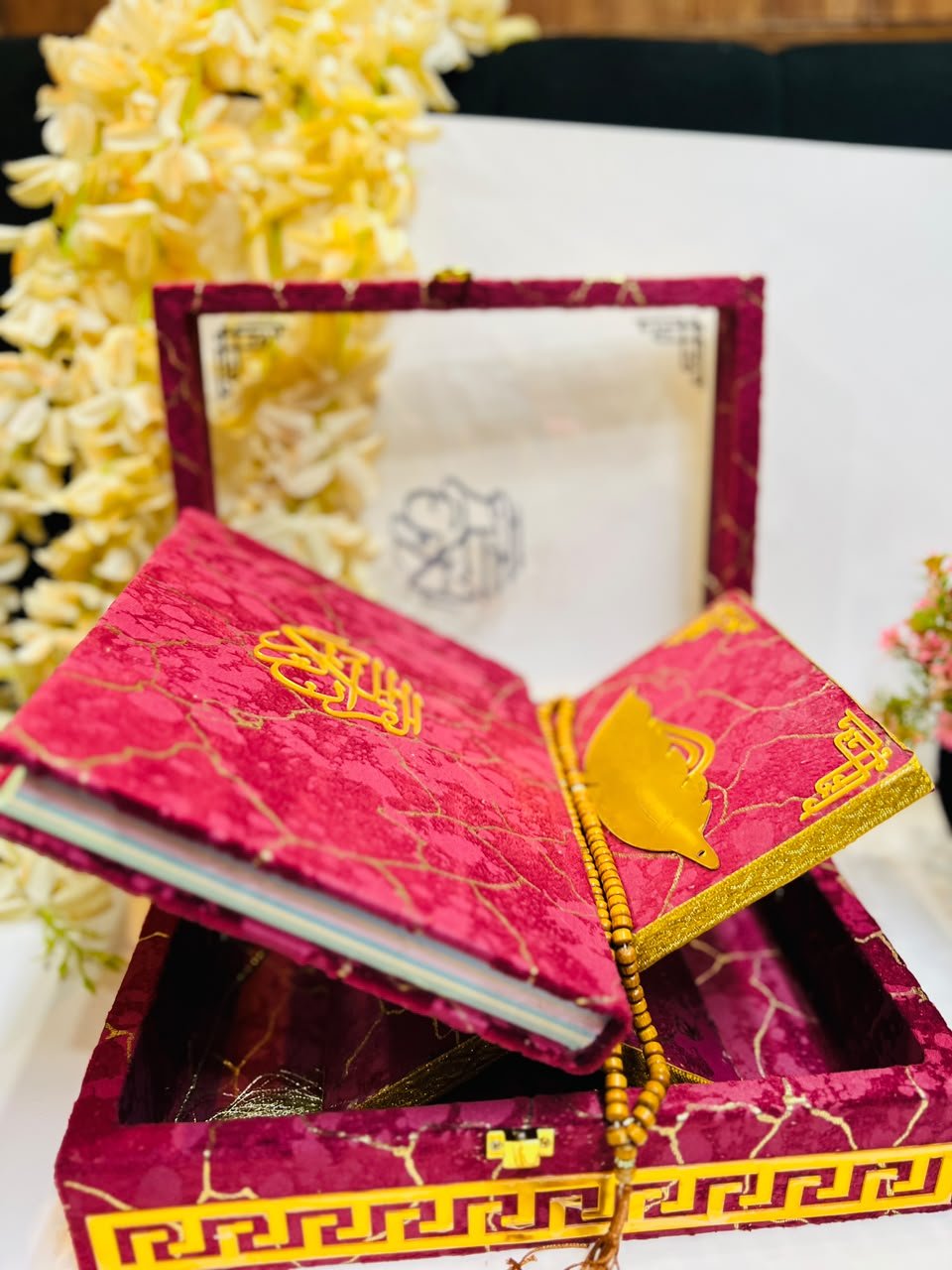 Quran Pak Gift Set With Luxury Box (Mehroon & Gold )