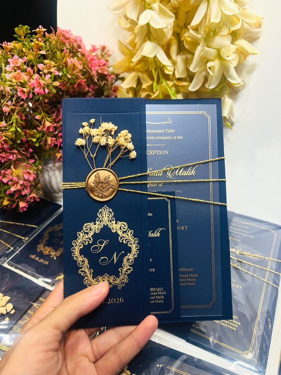 Premium Navy Blue Side-Flip Wedding Invitation Card